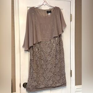 Alex Evenings Taupe Asymmetrical Sheath Dress with Flutter Sleeves